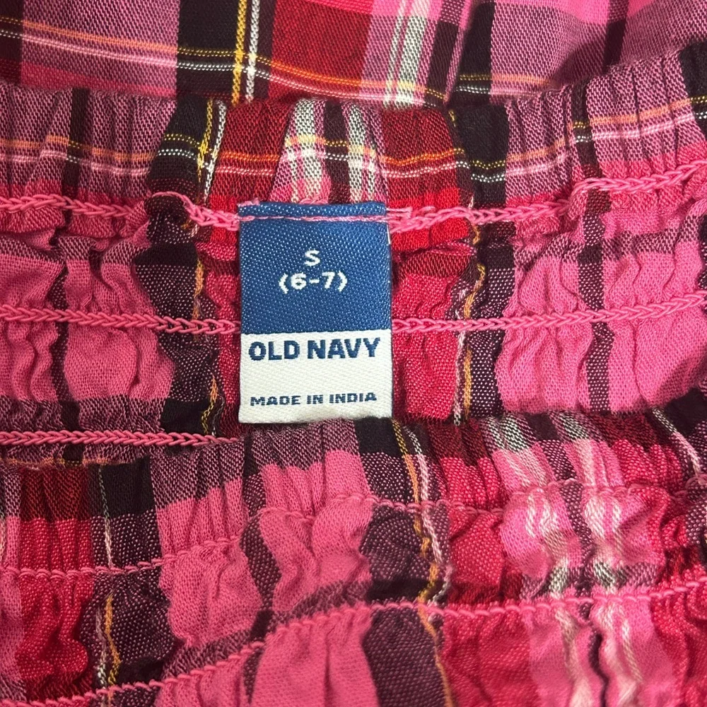 OLD NAVY Girls Pink Plaid Smocked Dress Cotton Puff Sleeves Size 6-7